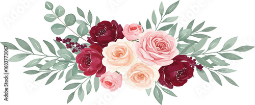 Watercolor floral arrangement featuring roses, leaves, and berries, perfect for wedding invitations and decorative designs.