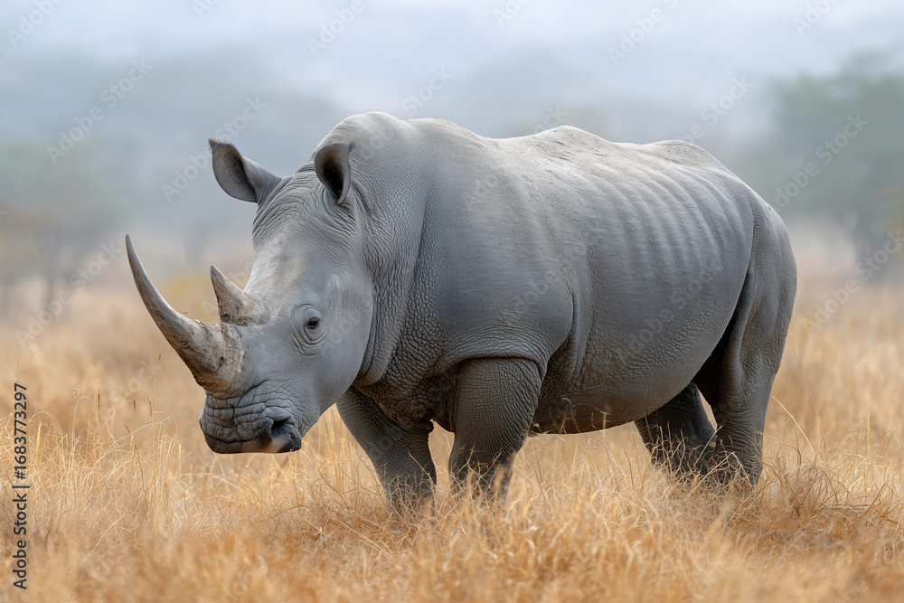 Obraz premium A powerful rhinoceros stands in a field of tall, dry grass. Its impressive horn and thick skin are prominently displayed. A beautiful day, perfect for animal observation.