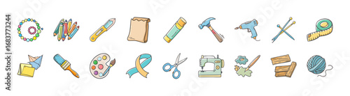 Crafting and DIY handmade tools doodle icons - Collection of hand drawn crafting and DIY doodle icons featuring scissors, yarn, sewing machine, glue, hammer, paint palette, and ribbons.