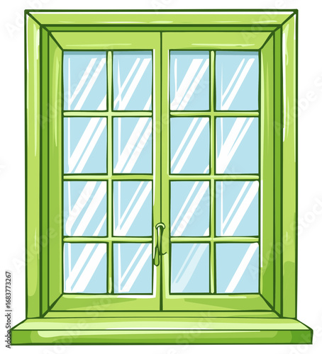 Vibrant lime green casement window with multiple glass panes and reflection in a charming cartoon style