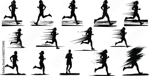 Running motion silhouettes, athlete sprint sequence, speed and movement illustration, sport activity graphic, fitness training concept, dynamic action art, acceleration and energy theme