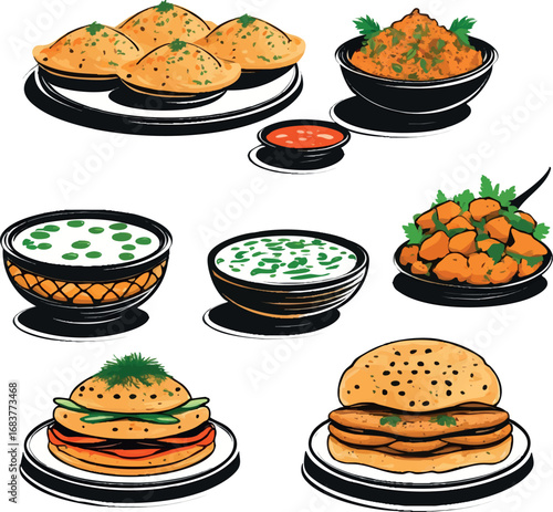 Indian street food set outline including pani puri pav bhaji and vada pav in line vector