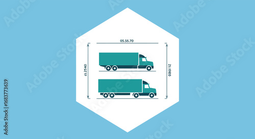 Illustration of two trucks with dimensions, showcasing vehicle sizes for transport and logistics, isolated on white background
