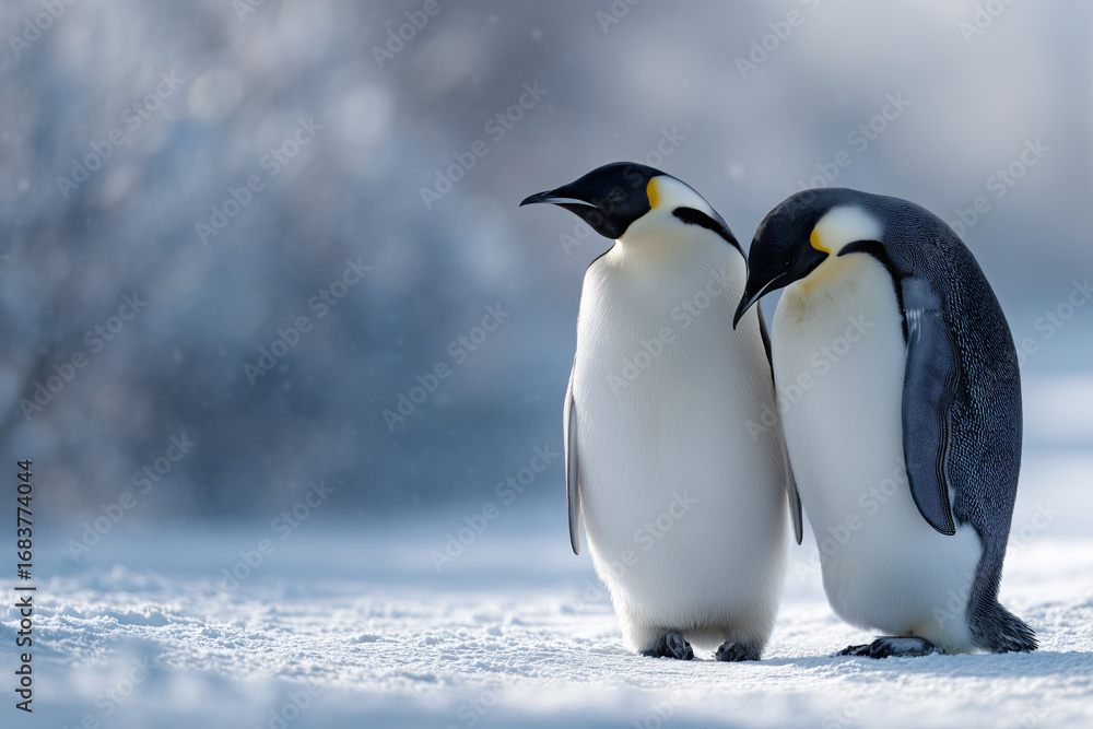 Fototapeta premium Two penguins stand huddled together in a snowy, icy landscape. The penguins show black and white coloration, with a yellow patch by the head, against a blurred background.