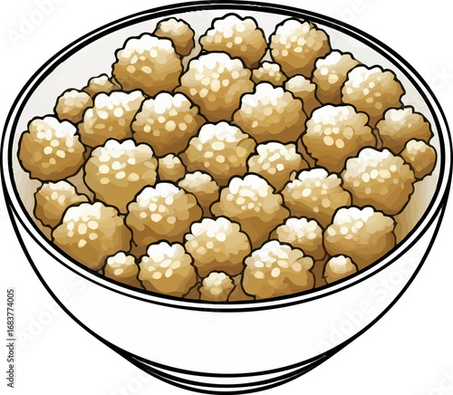 Makhana snack outline vector. Line art of puffed lotus seeds in a bowl top view.