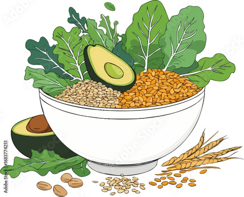 Healthy food bowl outline vector. Clean line art of wellness ingredients and balanced diet.