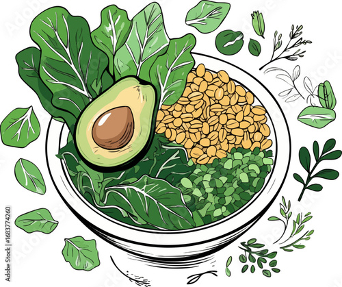 Healthy food bowl outline vector. Clean line art of wellness ingredients and balanced diet.