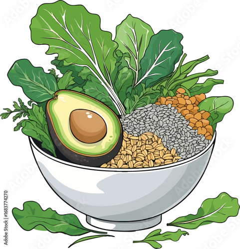 Healthy food bowl outline vector. Clean line art of wellness ingredients and balanced diet.