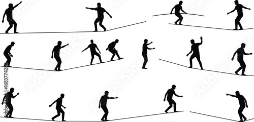 Tightrope walking silhouettes, balance act sequence, circus performance illustration, acrobat movement art, sport activity concept, coordination and skill theme, posture and motion design