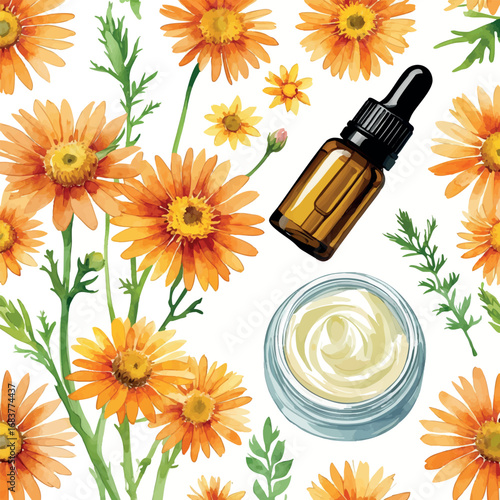 Watercolor vector of calendula-based skincare with infused oil and face cream