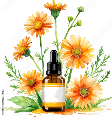Watercolor vector of calendula-based skincare with infused oil and face cream