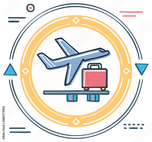 Colorful line art icon of an airplane and luggage on an airport baggage carousel for travel and tourism concepts