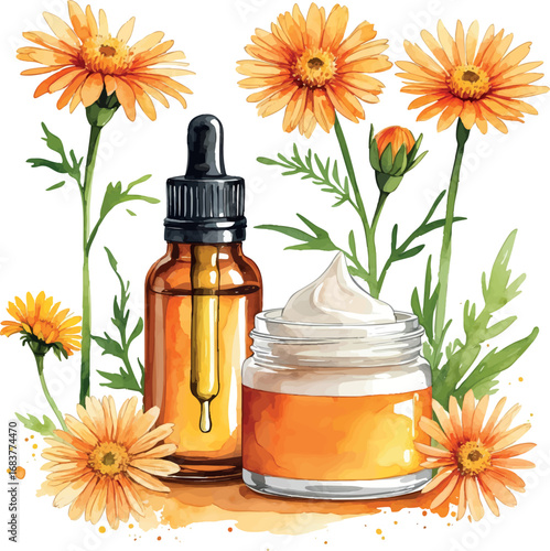 Watercolor vector of calendula-based skincare with infused oil and face cream