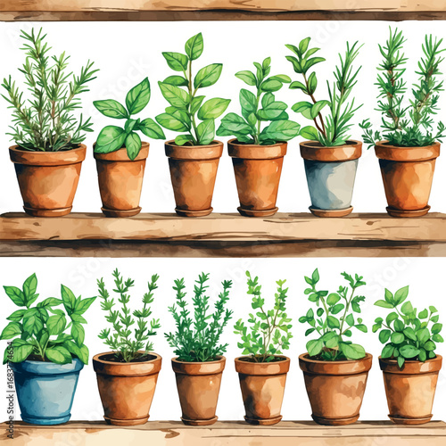 Watercolor herb garden with labeled pots of rosemary basil thyme and mint in vintage style