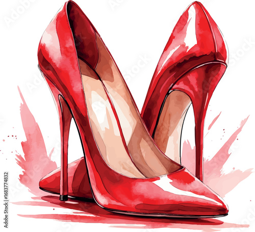 Watercolor elegant red high heels feminine fashion illustration isolated on white