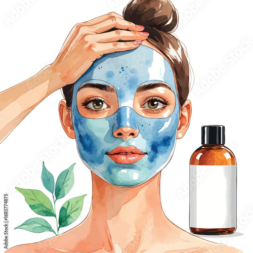 Sheet facial mask – watercolor vector of beauty product application and packaging