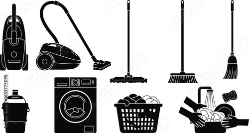 Cleaning, household, vacuum, mop, broom, bucket, washing machine, laundry basket, dishwashing, sponge, soap, faucet, hygiene, chores, tools, black, white, illustration, vector, design