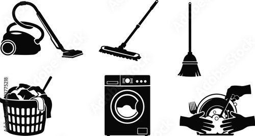 Cleaning, household, vacuum, mop, broom, laundry basket, washing machine, dishwashing, sink, sponge, soap, brush, hygiene, chores, tools, black, white, icons, silhouette, design