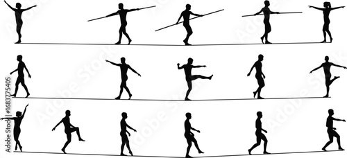 Tightrope walking silhouettes, balance performance illustration, circus act art, acrobat movement graphic, sport activity concept, coordination and skill theme, posture and motion design