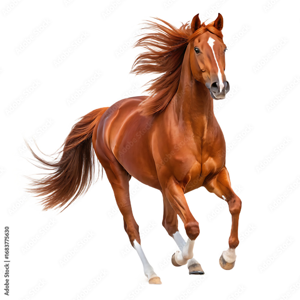 Naklejka premium Majestic chestnut horse galloping with flowing mane and tail captured in dynamic action transparent background