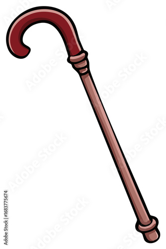 Simple cartoon illustration of a traditional brown walking cane