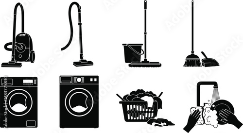 Cleaning, vacuum, mop, broom, dustpan, washing machine, laundry basket, detergent, dishwashing, faucet, soap, brush, icons, silhouette, black, white, household, chores, hygiene, tools