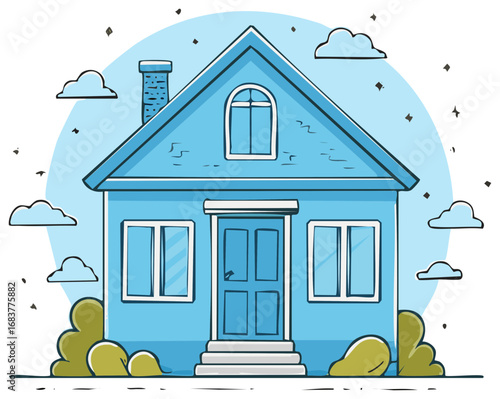 Cartoon House Illustration: Blue Facade, Clouds, Chimney, Door, Windows, and Decorative Green Shrubs