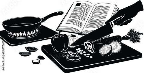 Cooking, chopping, vegetables, knife, cutting board, stove, pan, recipe book, onion, carrot, pepper, hand, chef, kitchen, food prep, culinary, black, white, illustration, design