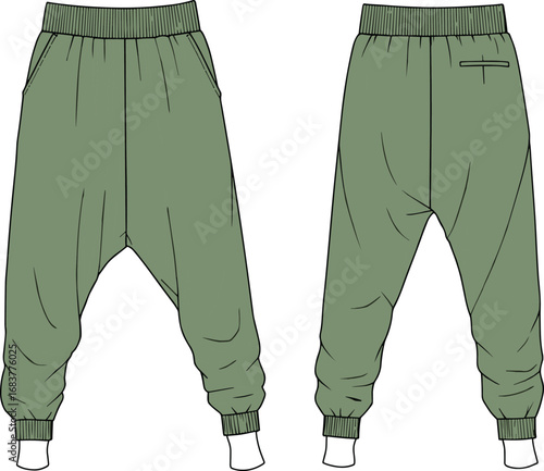 Stylish jogger pants flat sketch, front and back view, fashion technical drawing, vector apparel template, casual wear cad design