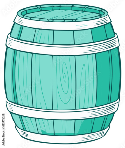Teal wooden barrel with white bands, cartoon style drawing of a container for liquid