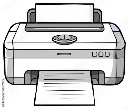 Grayscale cartoon illustration of an office printer machine printing a paper document.