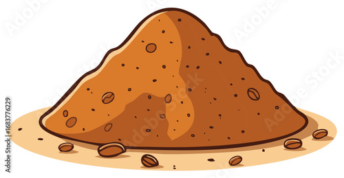 Illustration of ground coffee pile with coffee beans, isolated and cartoon style