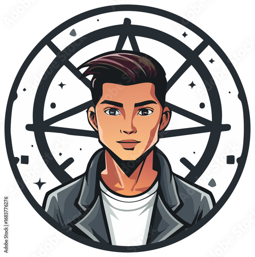 Portrait of Young Person in Jacket with Occult Symbols Behind Cartoon Art Style