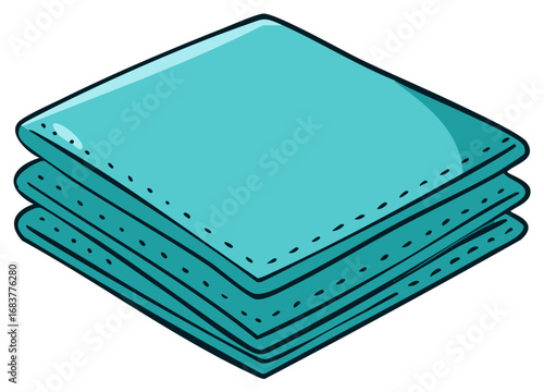 Stack of turquoise fabric squares, cloths, or napkins with a stitched border in a hand drawn cartoon style