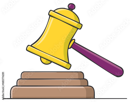 Cartoon Golden Gavel Hitting Courthouse Stand Symbolizing Judicial Action