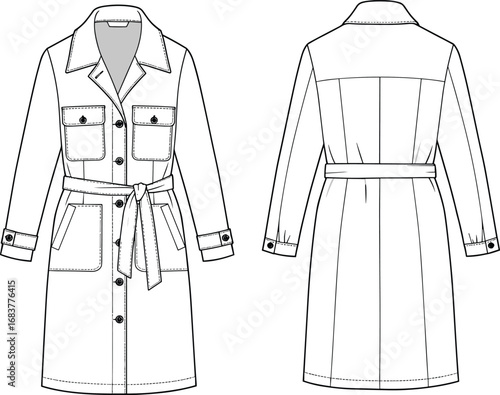 Stylish trench coat fashion design, detailed technical flat sketch, CAD vector illustration, front and back view, garment template drawing