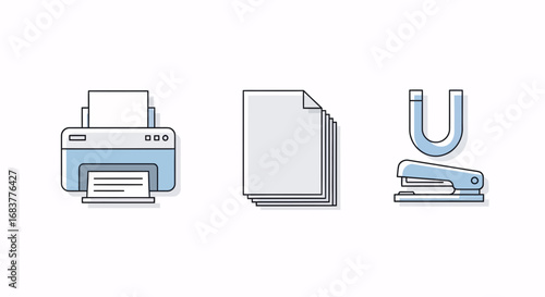 A set of three office supply icons: a printer, a stack of paper, and a stapler with a magnet.