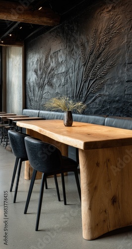 Modern cafe with dark wall, wooden table, and black chairs