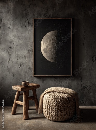 A framed print of a crescent moon against a starry night, displayed in a room with a rustic wooden stool and a knitted pouf