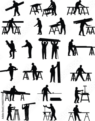 Woodworking silhouettes, carpentry tools, construction workers, sawing lumber, measuring wood, assembling planks, manual labor, DIY, craftsmanship, black icons