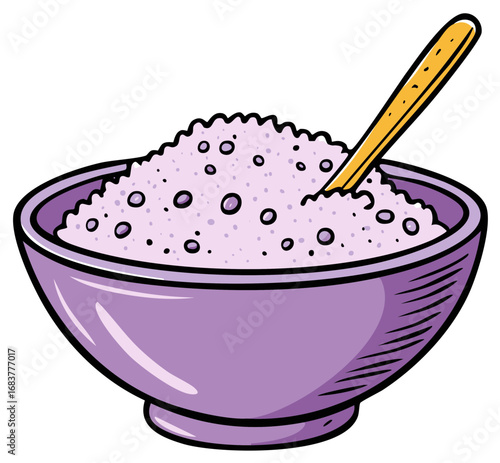 Cartoon illustration of a purple bowl filled with porridge or cereal with a spoon
