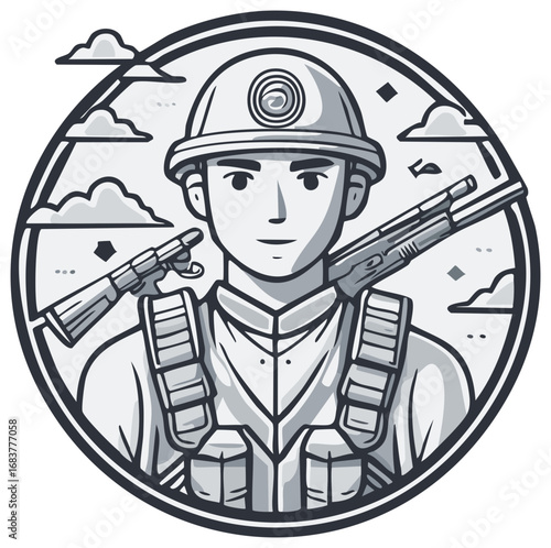Man Soldier with Firearms Wearing Helmet Illustration Surrounded by Clouds