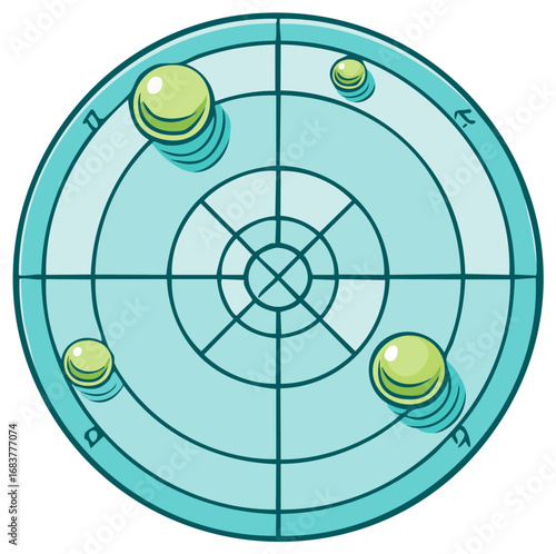 Cartoon illustration of a radar screen with targets and a circular grid