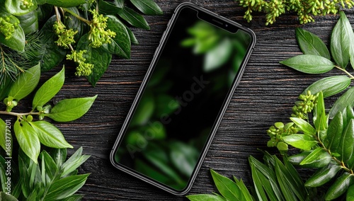Smartphone surrounded by fresh greenery on dark wood