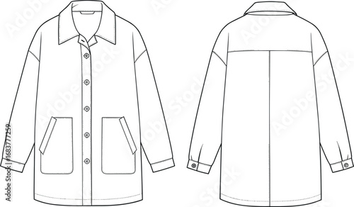 Technical cad drawing of oversized utility jacket, long sleeves, front and back view, fashion vector sketch, flat coat illustration