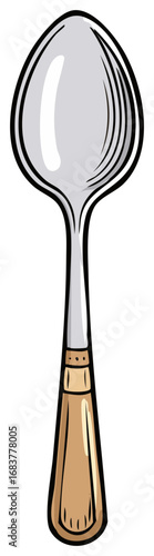 Cartoon style spoon with a wooden handle and shiny metal bowl