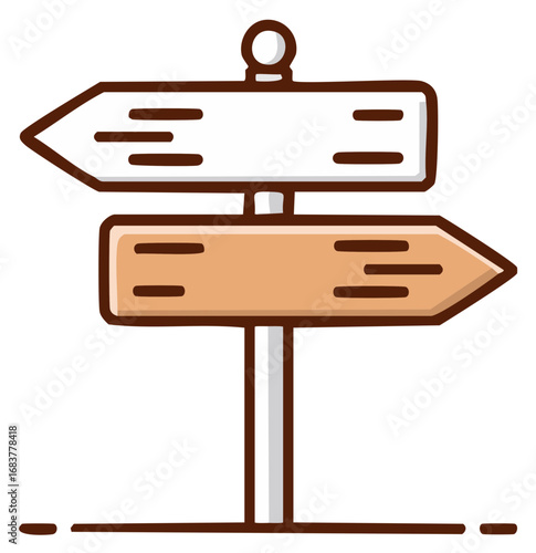 Cartoon signpost with arrows pointing in opposite directions for navigation