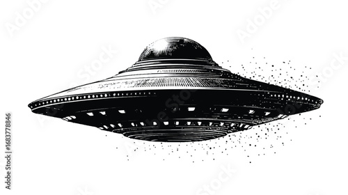 Monochromatic ufo illustration a classic flying saucer concept and an extraterrestrial spacecraft hovering in the air
