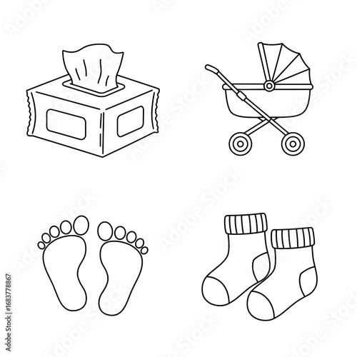 Set of icons for newborns and babies in black outline, featuring baby socks,  stroller, wipes pack, footprint. Parenthood and essential supplies