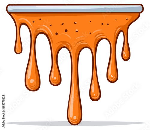 Cartoon dripping orange liquid drips from container, sweet sauce or tasty topping illustration